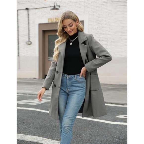 Women Mid-Long Coat Notch Double-Breasted Grey